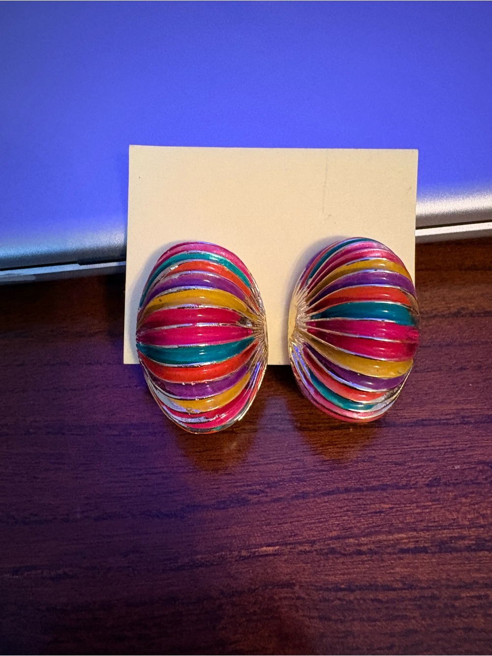 Vintage Multicolor Striped Dome Earrings - Pink, Teal, Yellow, Orange, Purple